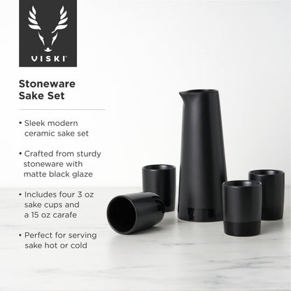 Four Black Stoneware Sake Tumblers and Carafe