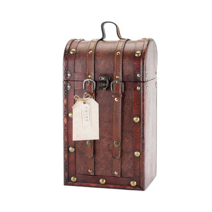 2 Bottle Antique Wooden Wine Box Twine Living, brown distressed wood with brass studs on Tampa Home & Garden Store