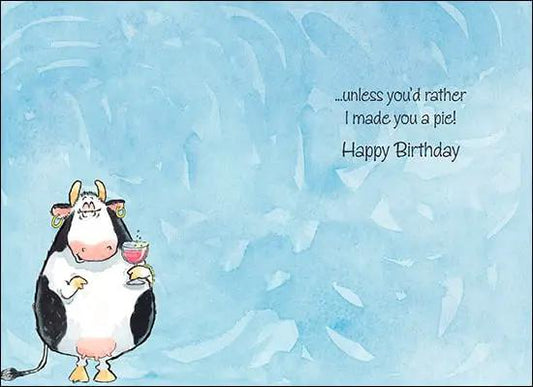 Birthday Card Toast or Pie cartoon cow with wine glass on blue background on Tampa Home & Garden Store