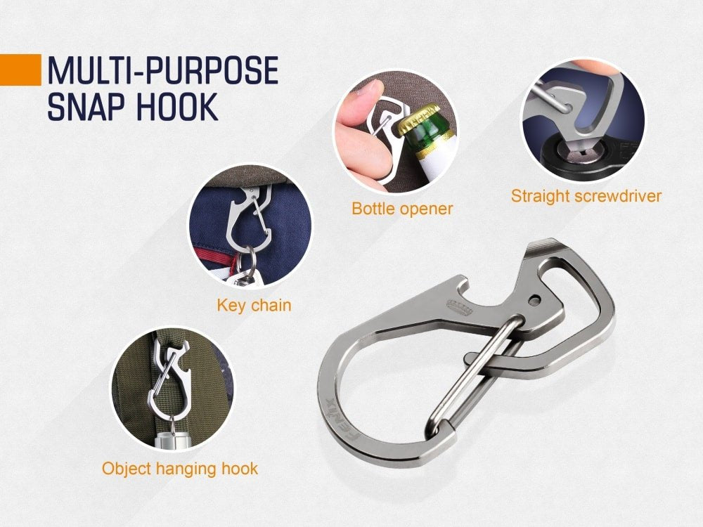 Fenix ALB-20 multi-purpose snap hook flashlight mount, silver metal, by Fenix Store on Tampa Home & Garden Store