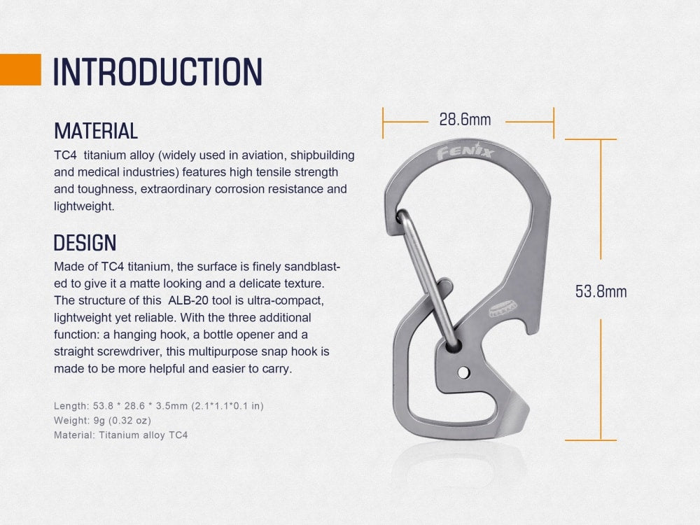 Fenix ALB-20 multi-purpose snap hook flashlight mount in titanium alloy, Fenix Store on Tampa Home & Garden Store