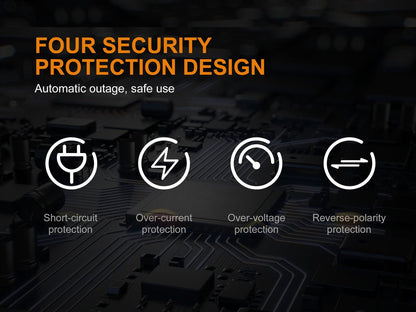 Fenix ARE-A4 battery charger with four protection icons on circuit-board background on Tampa Home & Garden Store