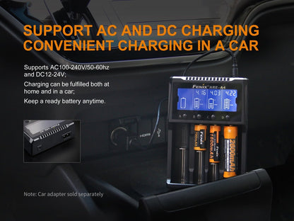 Fenix ARE-A4 multifunctional battery charger in car with AA/AAA batteries and LCD display on Tampa Home & Garden Store