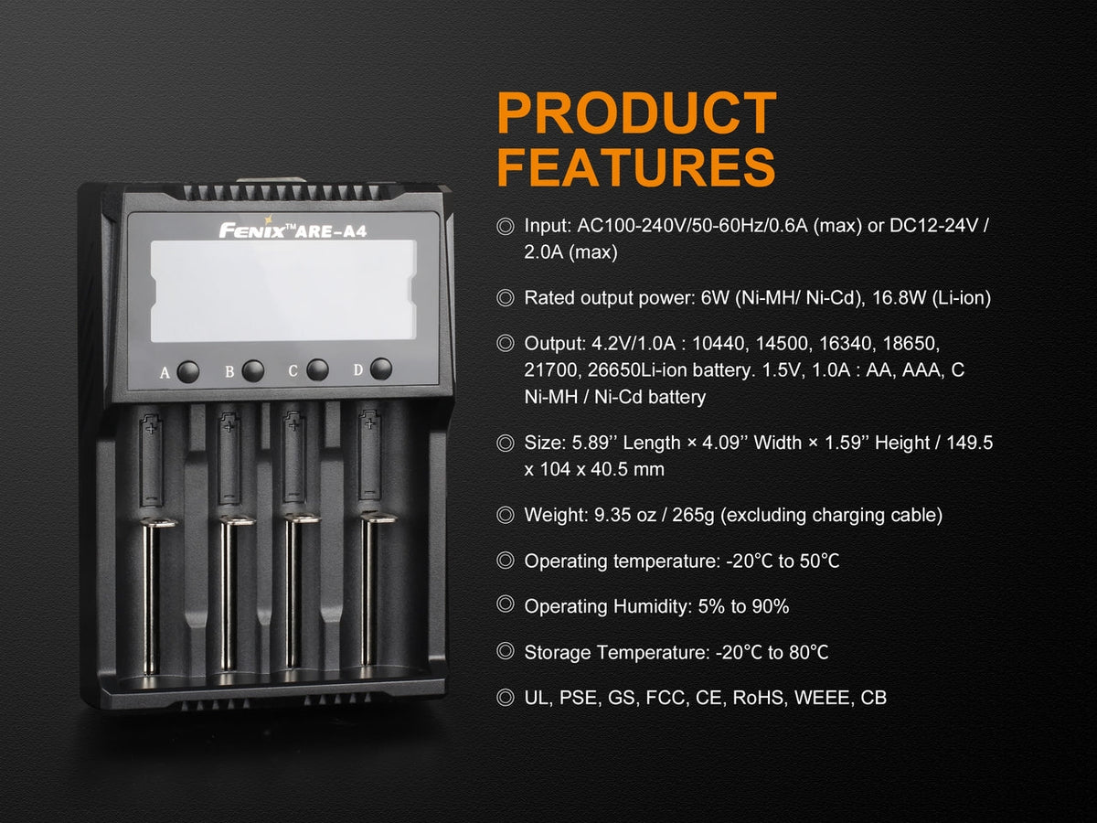 Fenix ARE-A4 four-bay black multifunctional battery charger with LCD display by Fenix Store on Tampa Home & Garden Store