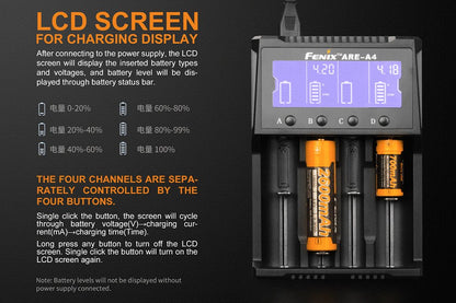 Fenix ARE-A4 four-channel battery charger with LCD display and orange cells on Tampa Home & Garden Store