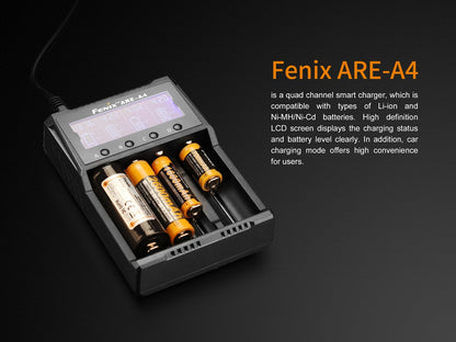 Fenix ARE-A4 four-slot battery charger with LCD display in black on Tampa Home & Garden Store