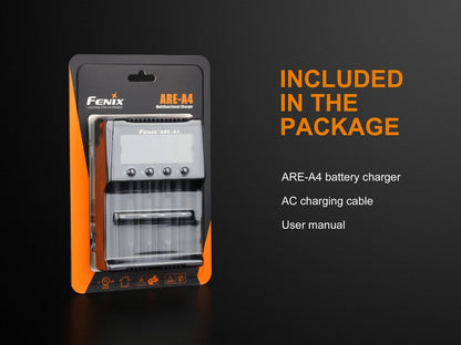 Fenix ARE-A4 multifunctional battery charger in retail blister pack with black/orange packaging on Tampa Home & Garden Store