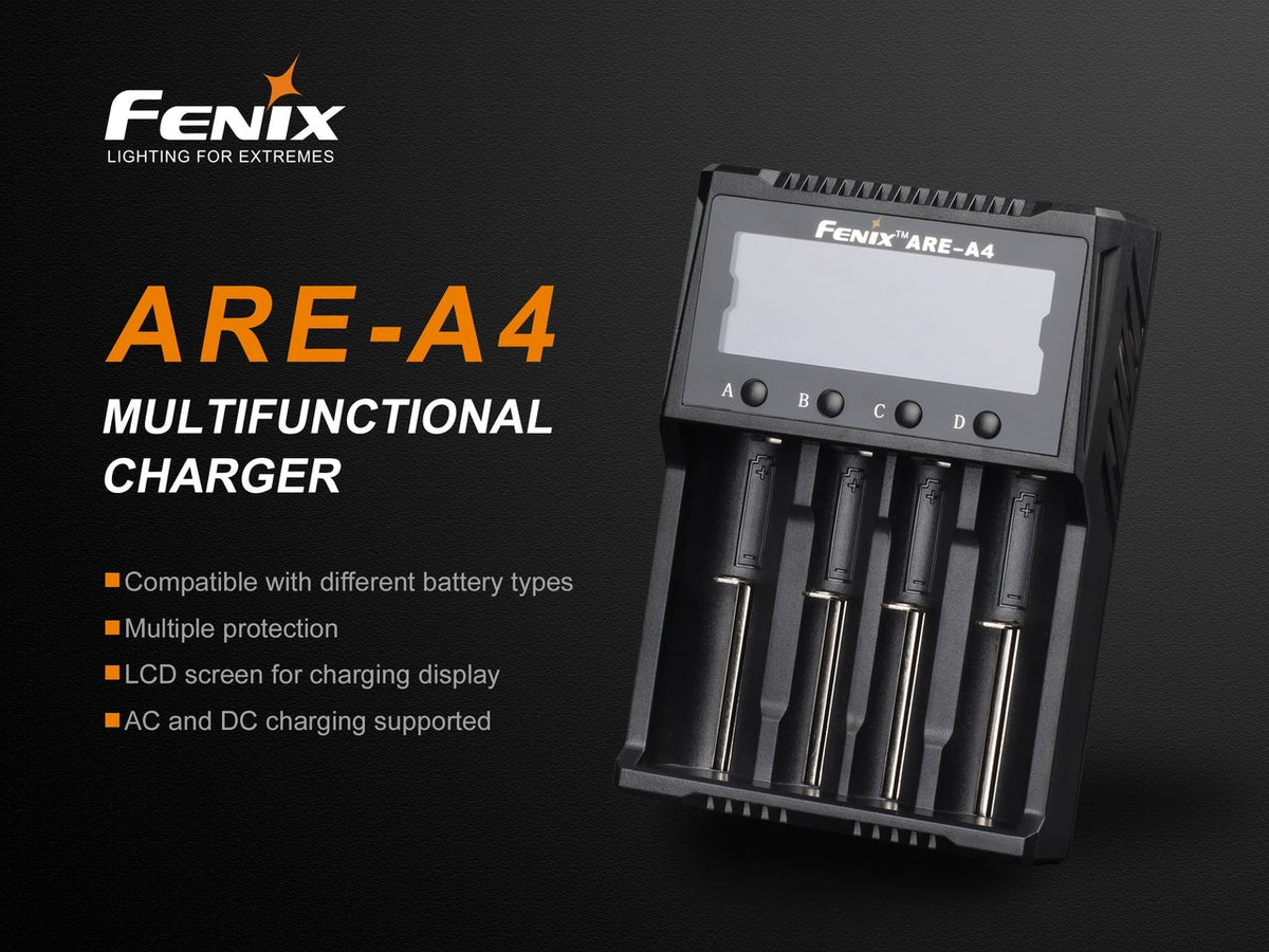 Fenix ARE-A4 battery charger with LCD and four slots, black plastic, Fenix Store on Tampa Home & Garden Store