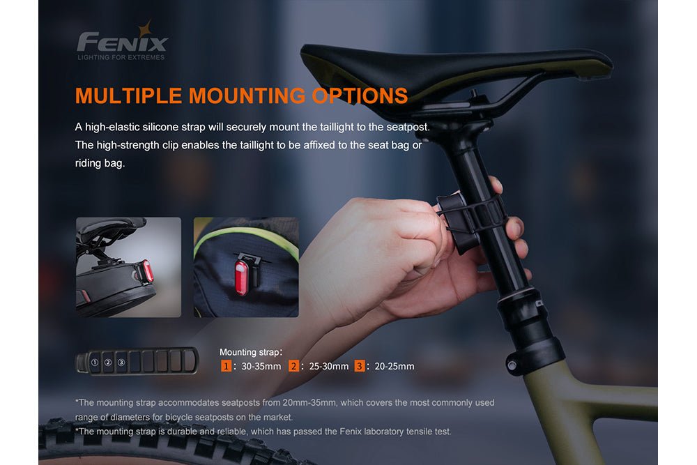 Bike light Fenix BC05R V2.0 tail light with red lens mounted on seatpost via strap on Tampa Home & Garden Store