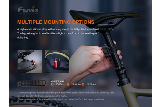 Bike light Fenix BC05R V2.0 tail light with red lens mounted on seatpost via strap on Tampa Home & Garden Store