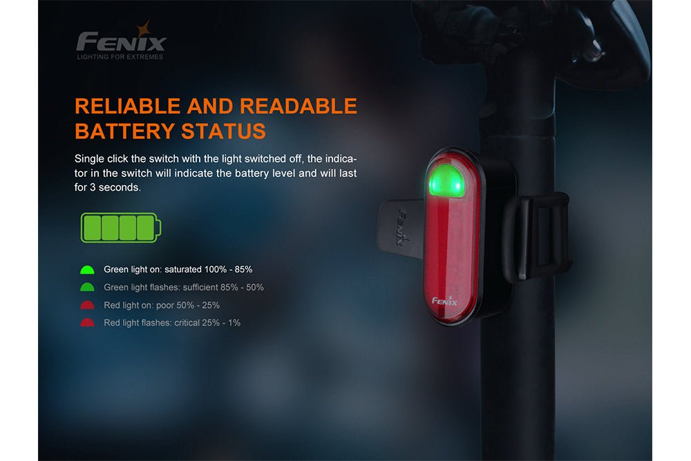 Fenix BC05R V2.0 bike tail light, red body with green indicator, mounted on bike frame on Tampa Home & Garden Store