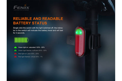 Fenix BC05R V2.0 bike tail light, red body with green indicator, mounted on bike frame on Tampa Home & Garden Store