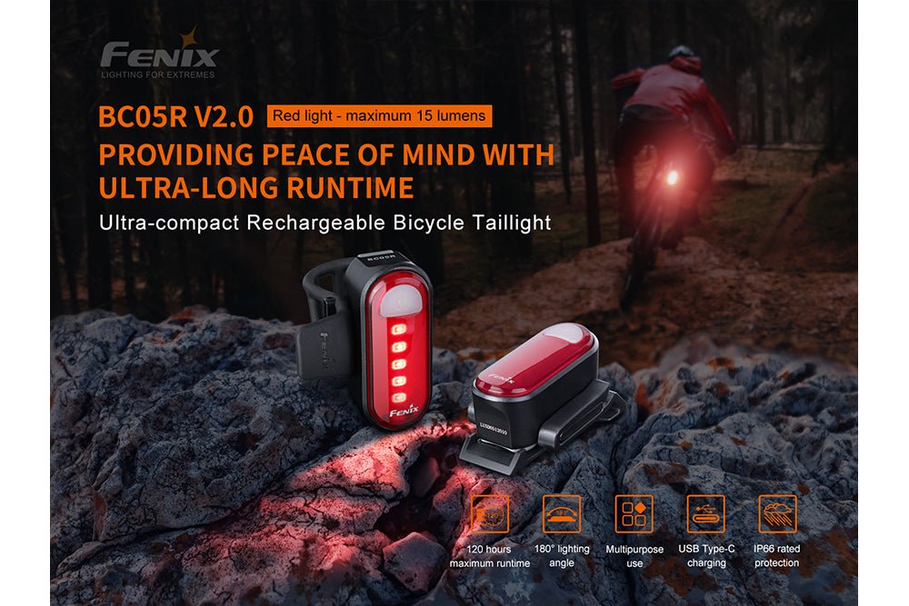 Fenix BC05R V2.0 rechargeable bicycle taillight with red lens; USB-C charging, dual lights on Tampa Home & Garden Store