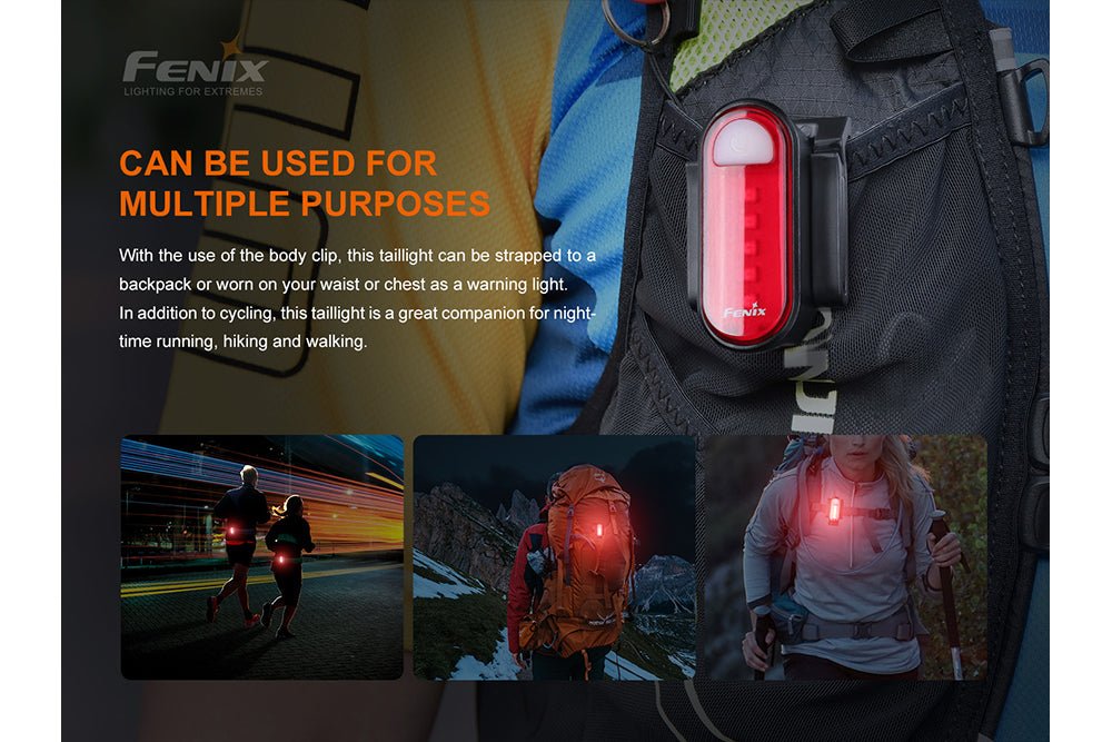 Fenix BC05R V2.0 rechargeable bike tail light with red lens clipped to backpack Fenix Store on Tampa Home & Garden Store