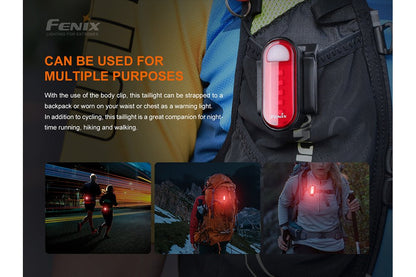 Fenix BC05R V2.0 rechargeable bike tail light with red lens clipped to backpack Fenix Store on Tampa Home & Garden Store