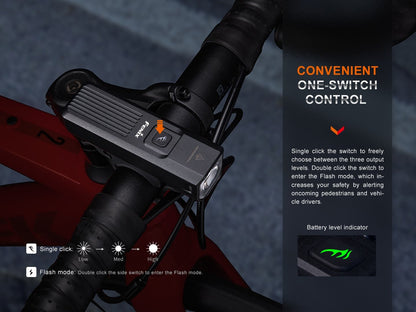 Fenix BC15R bike light mounted on red handlebars with single-switch control on Tampa Home & Garden Store