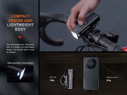 Fenix BC15R bike light on handlebars; compact lightweight black body with bright LED beam on Tampa Home & Garden Store