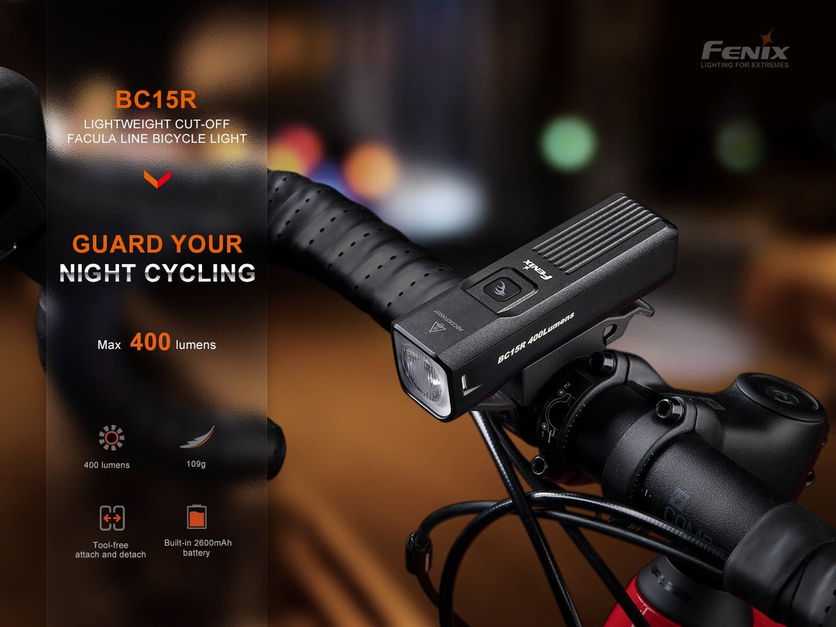Fenix BC15R bike light, black, rechargeable, 400 lumens, mounted on handlebars on Tampa Home & Garden Store
