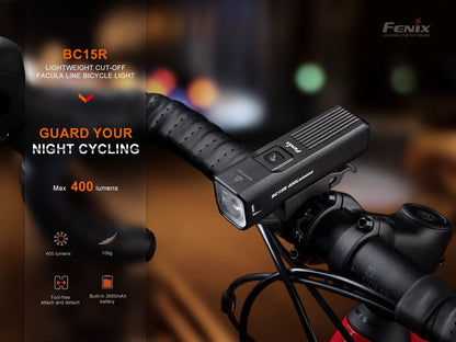 Fenix BC15R bike light, black, rechargeable, 400 lumens, mounted on handlebars on Tampa Home & Garden Store