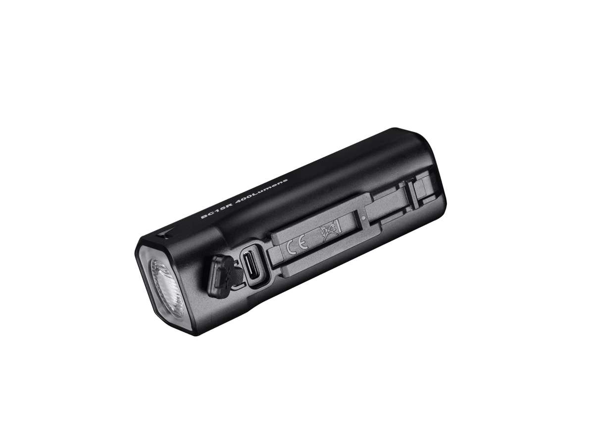 Fenix BC15R bike light, black rechargeable 400-lumen flashlight with mounting clip on Tampa Home & Garden Store