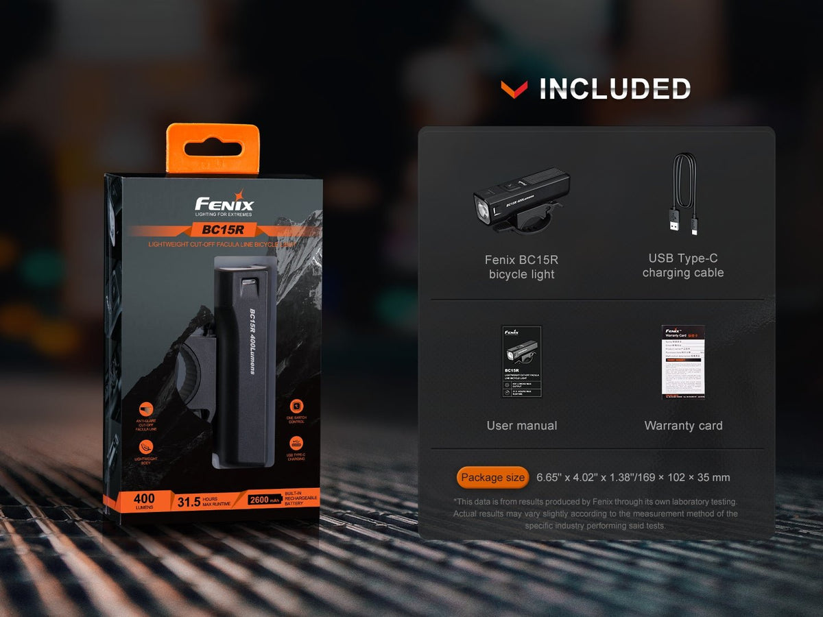 Fenix BC15R bike light, black housing, USB-C charging cable included on Tampa Home & Garden Store