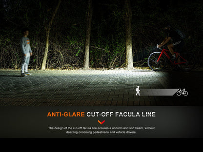 Fenix BC15R bike light, lightweight rechargeable, mounted on a red bicycle at night on Tampa Home & Garden Store