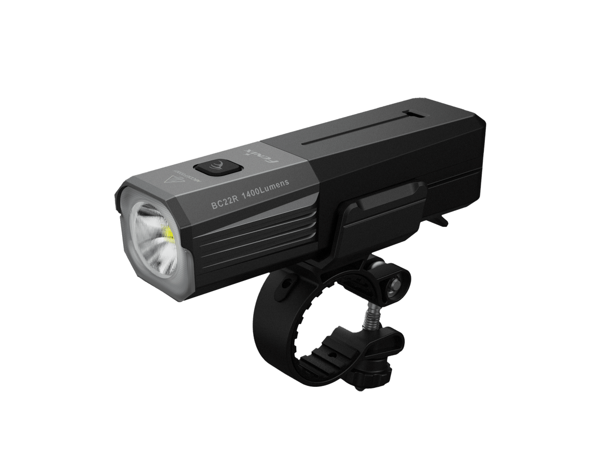 Fenix BC22R bike light on handlebars, black aluminum body, 1400 lumens on Tampa Home & Garden Store