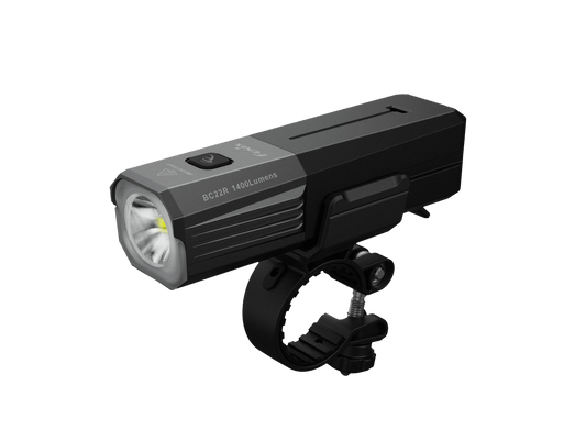 Fenix BC22R bike light on handlebars, black aluminum body, 1400 lumens on Tampa Home & Garden Store