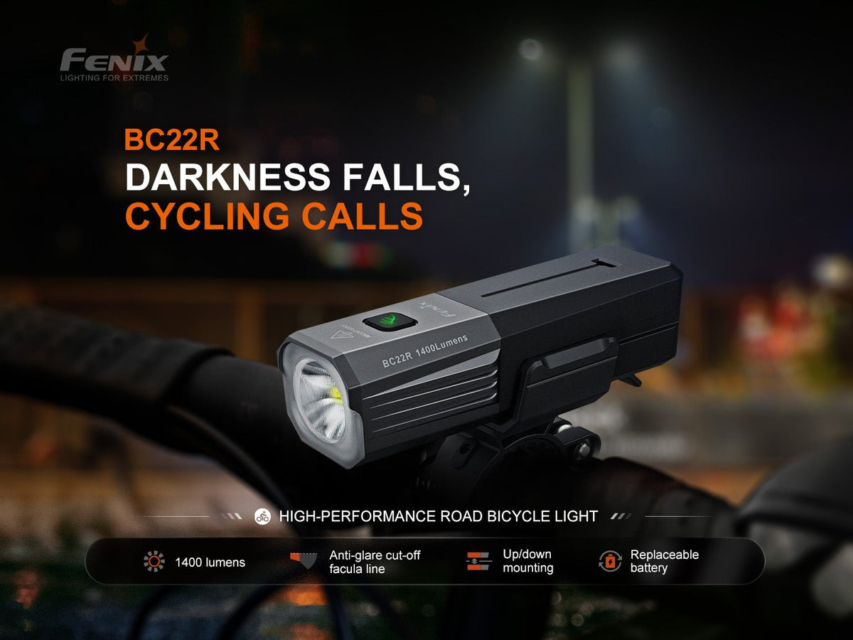 Fenix BC22R Bike Light on handlebars, black aluminum body with 1400-lumen output on Tampa Home & Garden Store