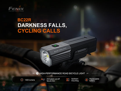 Fenix BC22R Bike Light on handlebars, black aluminum body with 1400-lumen output on Tampa Home & Garden Store