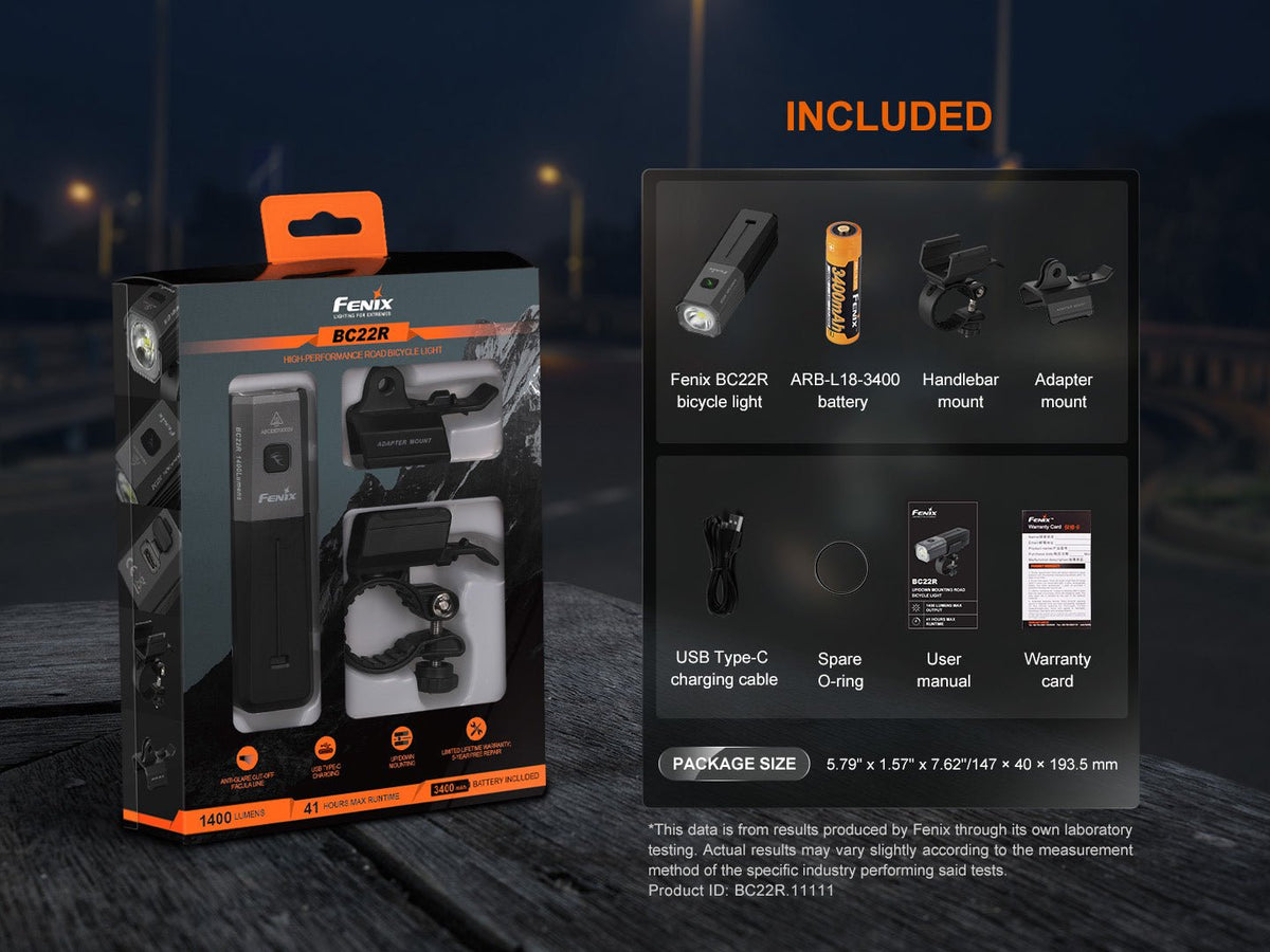 Fenix BC22R bike light packaging with included handlebar mount, battery, USB-C cable on Tampa Home & Garden Store