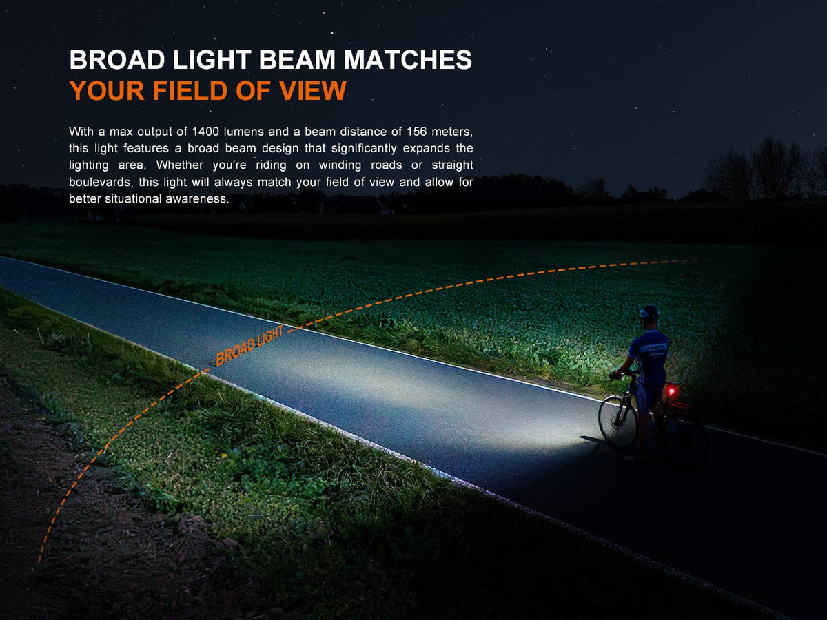 Fenix BC22R high-performance road bike light with broad night beam lighting the road ahead on Tampa Home & Garden Store