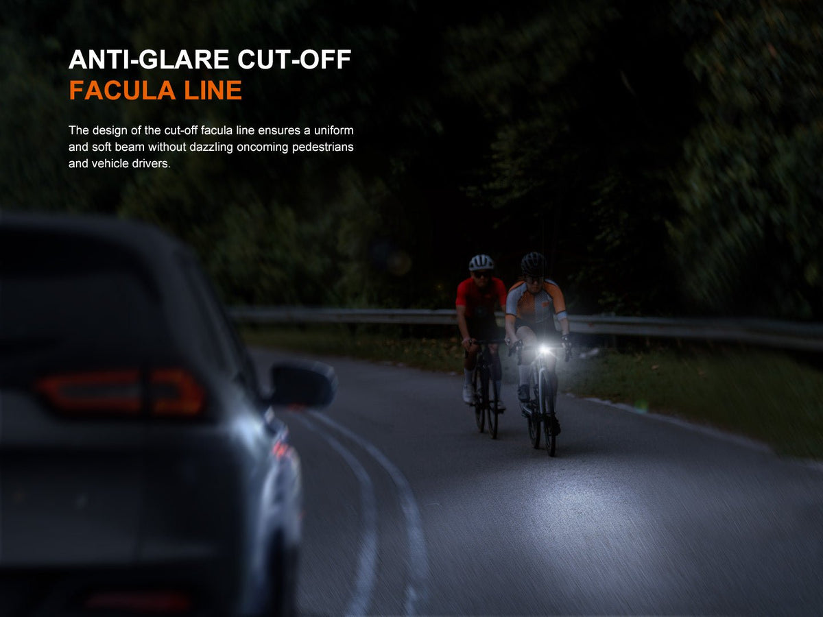 Fenix BC22R bike light, white LED front light on a road cyclist at dusk on Tampa Home & Garden Store