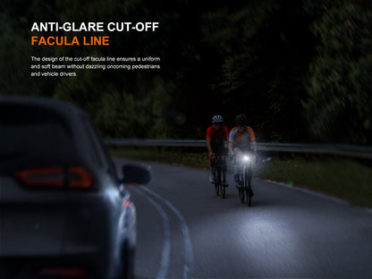 Fenix BC22R bike light, white LED front light on a road cyclist at dusk on Tampa Home & Garden Store