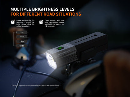 Fenix BC22R bike light in black aluminum with 1400 lumens and green power button on Tampa Home & Garden Store