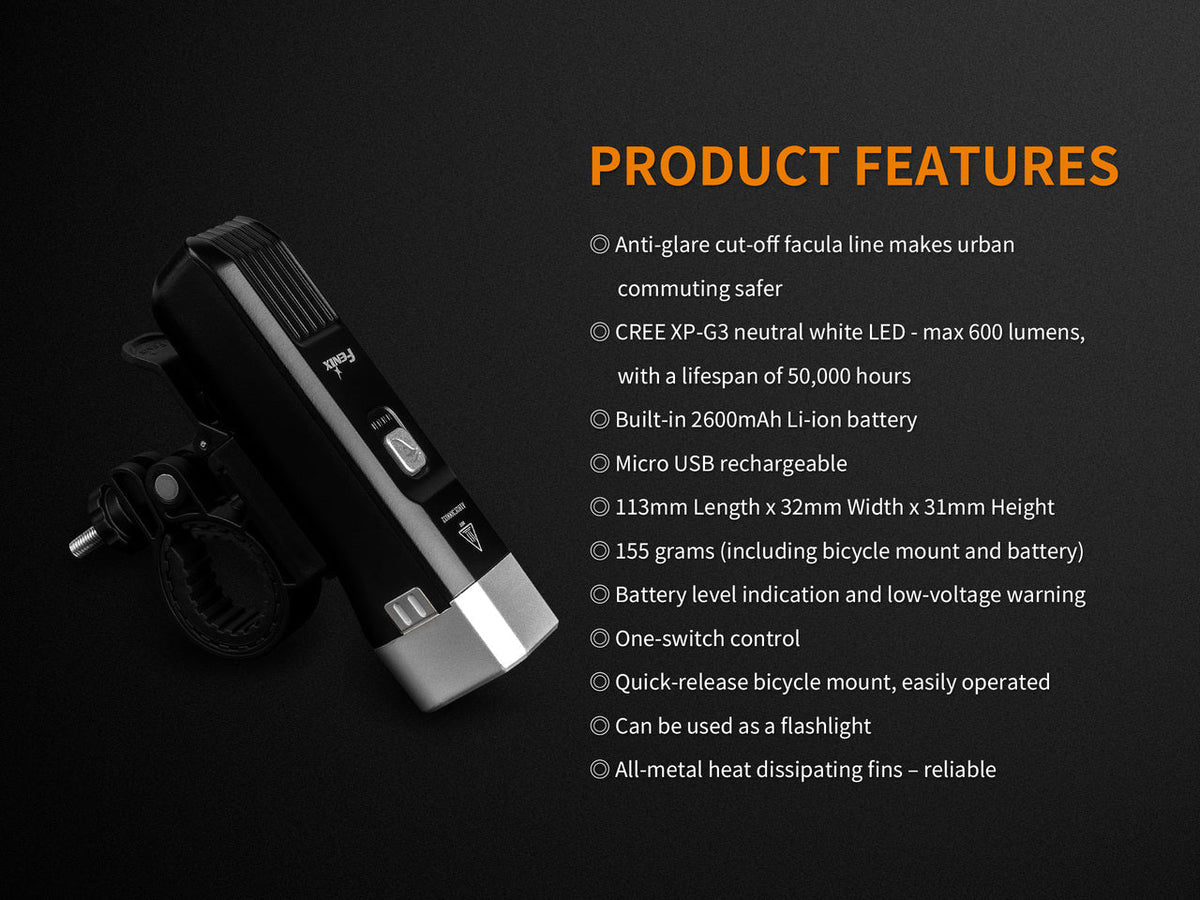 Fenix BC25R LED Bike Light, black compact bike light with handlebar mount by Fenix Store on Tampa Home & Garden Store
