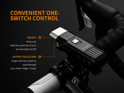 Fenix BC25R LED bike light mounted on handlebars; black compact flashlight with silver head on Tampa Home & Garden Store