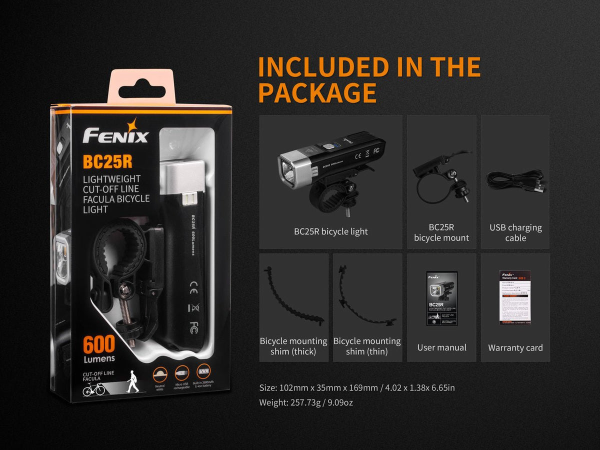 Fenix BC25R bike light kit with mount, USB cable, thick and thin shims on Tampa Home & Garden Store