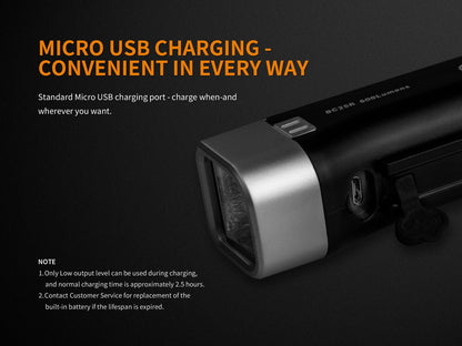Fenix BC25R LED Bike Light with silver bezel and black body, micro USB charging port on Tampa Home & Garden Store