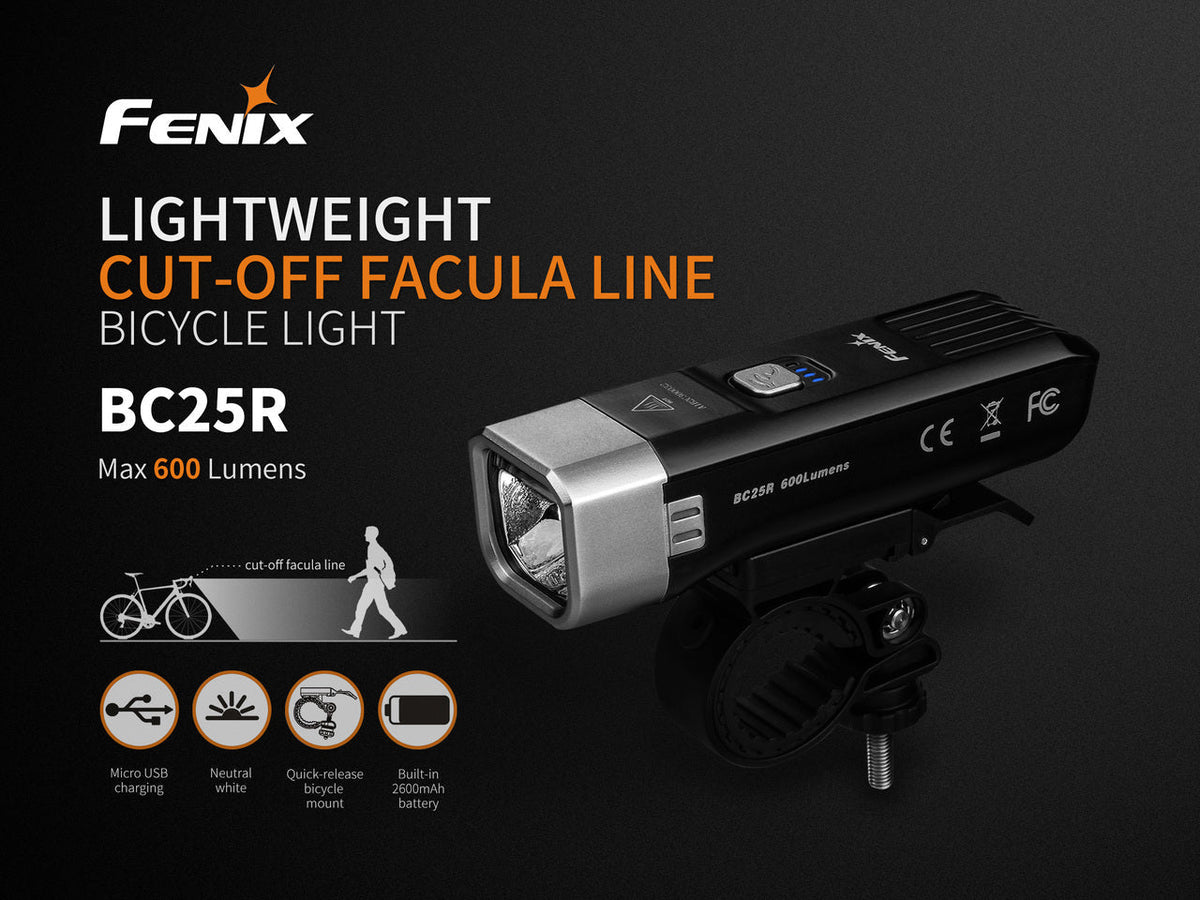 Fenix BC25R LED Bike Light with handlebar mount, black body and silver front bezel, 600 lumens on Tampa Home & Garden Store