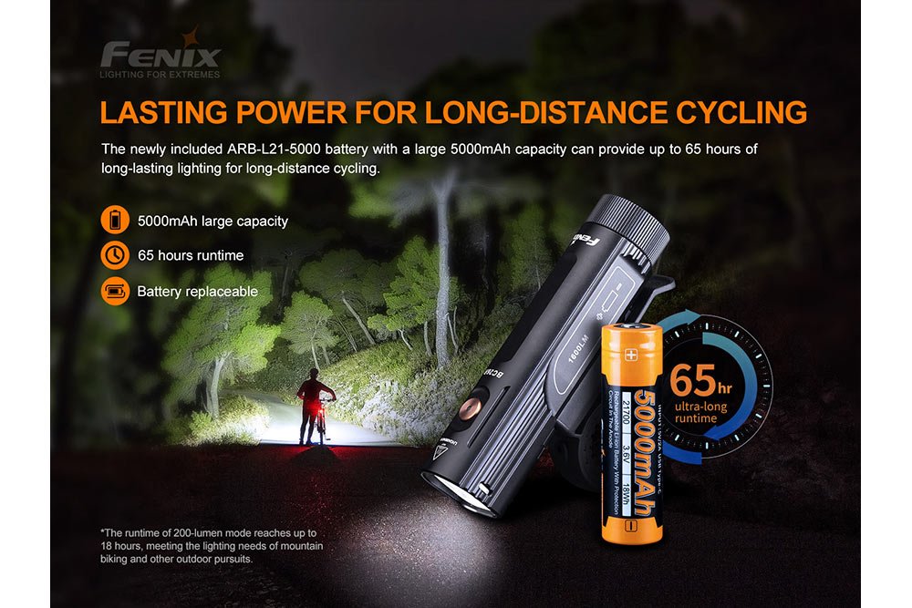 Fenix BC26R LED bike light, black body with orange 5000mAh battery, Fenix logo on Tampa Home & Garden Store