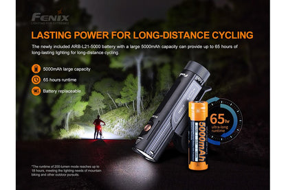 Fenix BC26R LED bike light, black body with orange 5000mAh battery, Fenix logo on Tampa Home & Garden Store