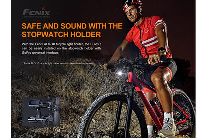 Fenix BC26R LED bike light mounted on red mountain bike with rider in red jersey; inset closeup on Tampa Home & Garden Store