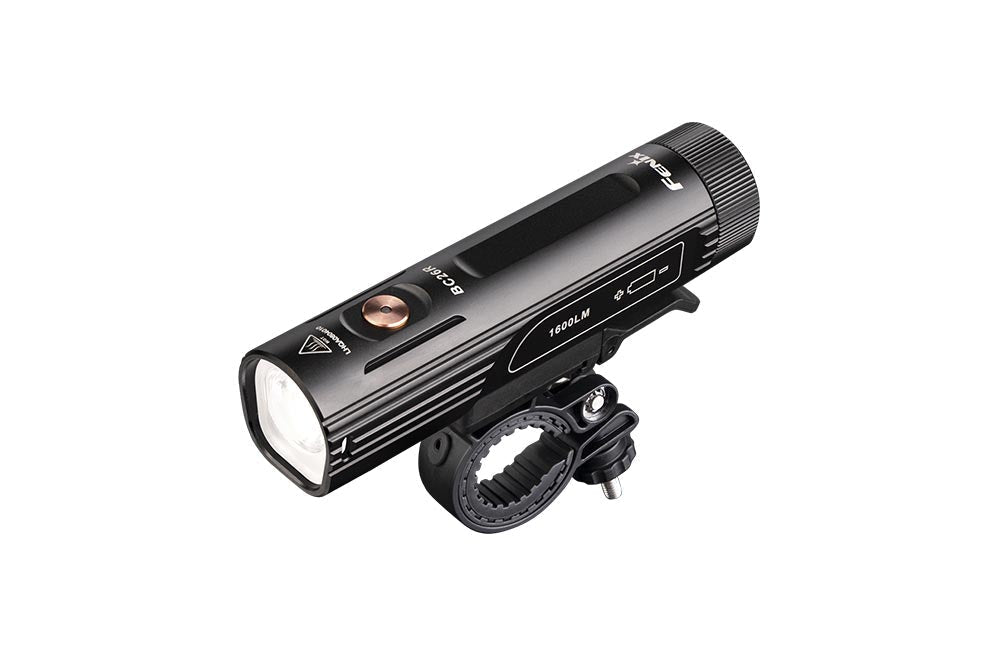 Fenix BC26R LED bike light, black aluminum body with handlebar clamp mount on Tampa Home & Garden Store