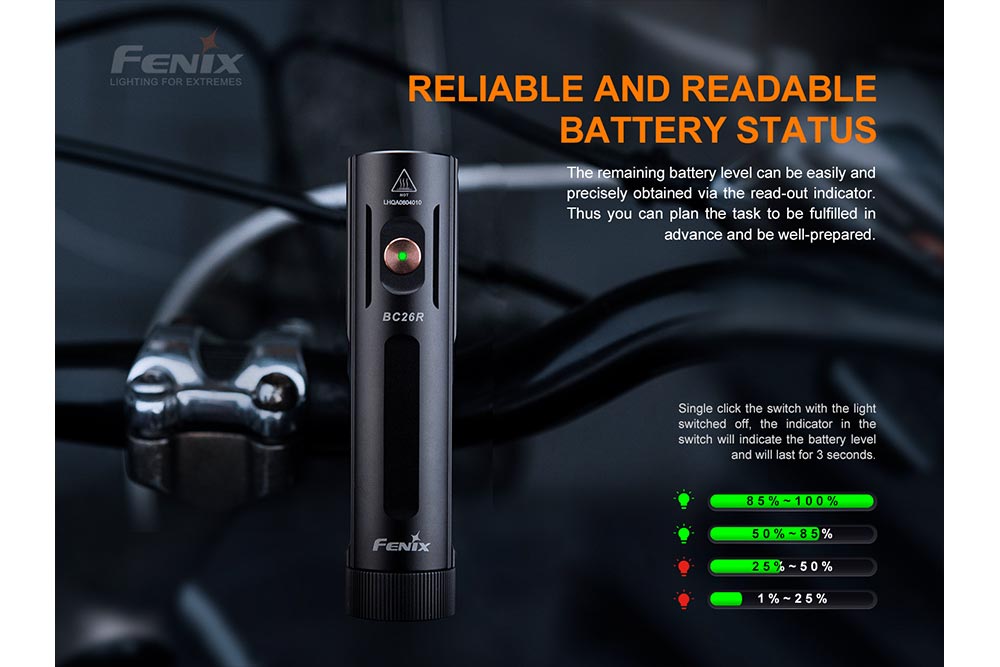 Fenix BC26R LED bike light, black cylindrical flashlight with battery status indicator on Tampa Home & Garden Store