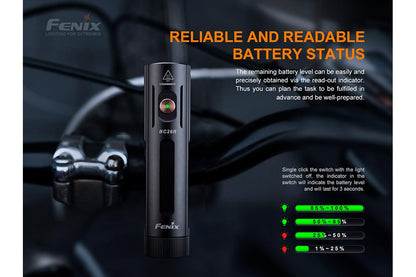 Fenix BC26R LED bike light, black cylindrical flashlight with battery status indicator on Tampa Home & Garden Store