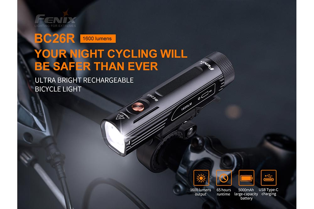 Fenix BC26R bike light mounted on handlebars, black aluminum body, 1600 lumens on Tampa Home & Garden Store