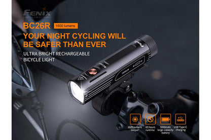 Fenix BC26R bike light mounted on handlebars, black aluminum body, 1600 lumens on Tampa Home & Garden Store