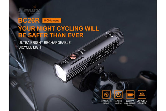 Fenix BC26R bike light mounted on handlebars, black aluminum body, 1600 lumens on Tampa Home & Garden Store