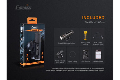 Fenix BC26R bike light packaging with included battery, USB Type-C cable, quick-release mount on Tampa Home & Garden Store